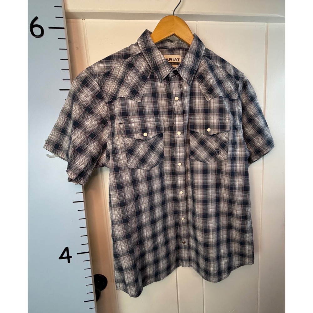 Ariat Blue Plaid Retro Fit Men's Medium Pearl Snaps Shirt Pockets Casual Cowboy